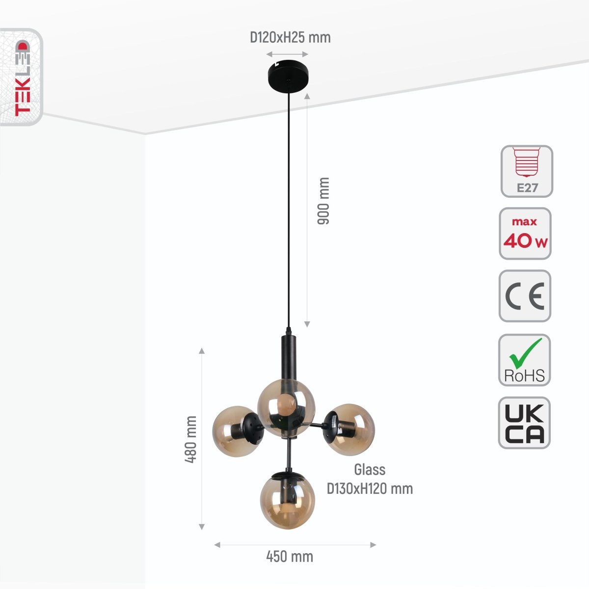 Size and specs of Atom Model Amber Globe Glass Black Metal Body Chandelier with 4xE27 Fittings | TEKLED 159-17406