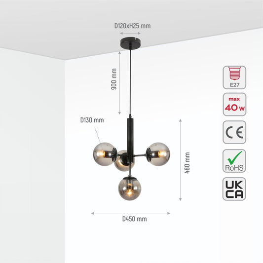 Size and specs of Atom Model Smoky Globe Glass Black Metal Body Chandelier Ceiling Pendant Light with 4xE27 | TEKLED 159-17408