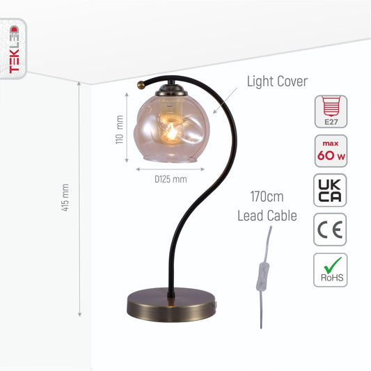 Size and specs of Black Antique Brass Metal Amber Globe Table Lamp with E27 Fitting | TEKLED 151-19686