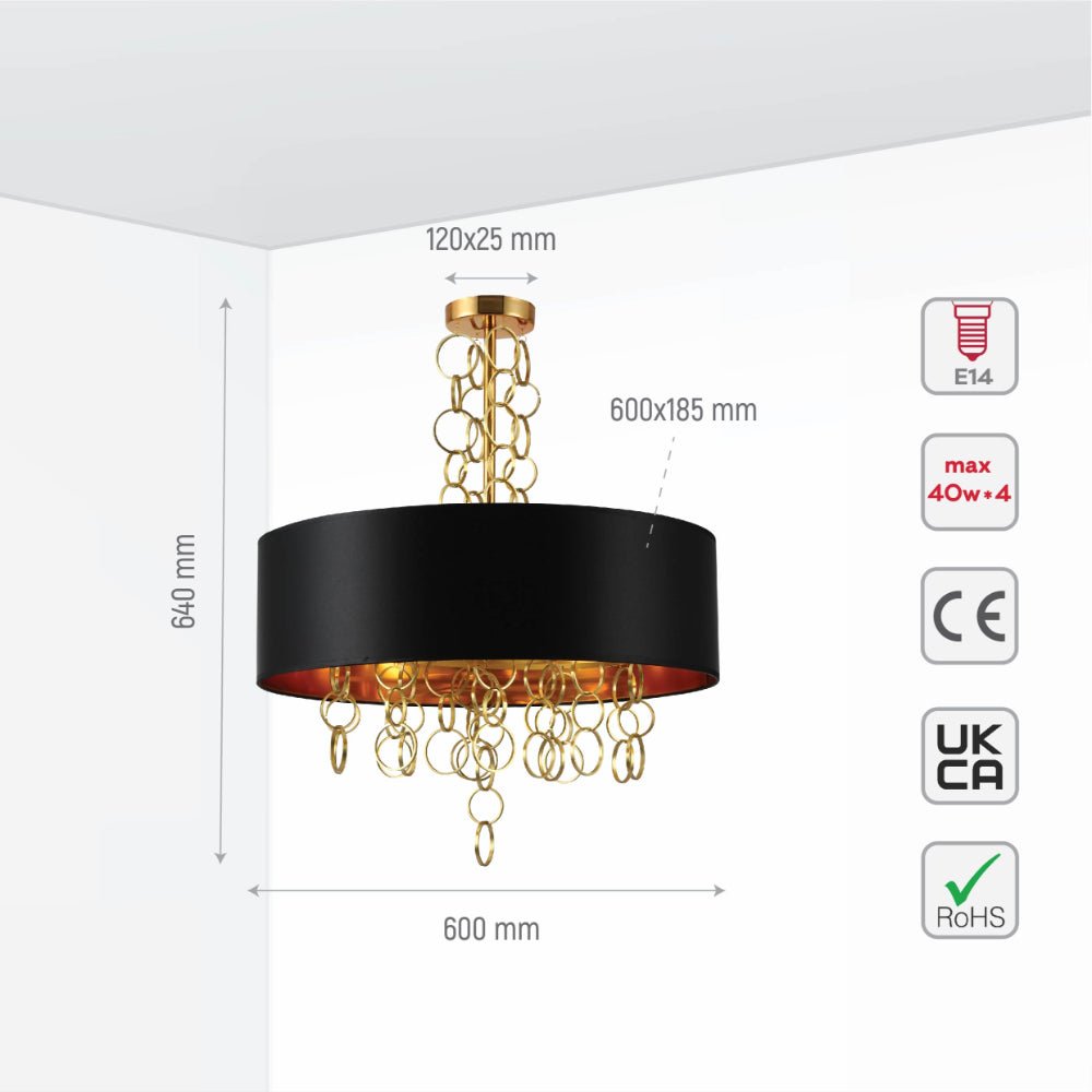 Size and specs of Black Copper Fabric Drum Shade Gold Ring Chandelier Ceiling Light with 4xE14 Fittings  | TEKLED 158-19622