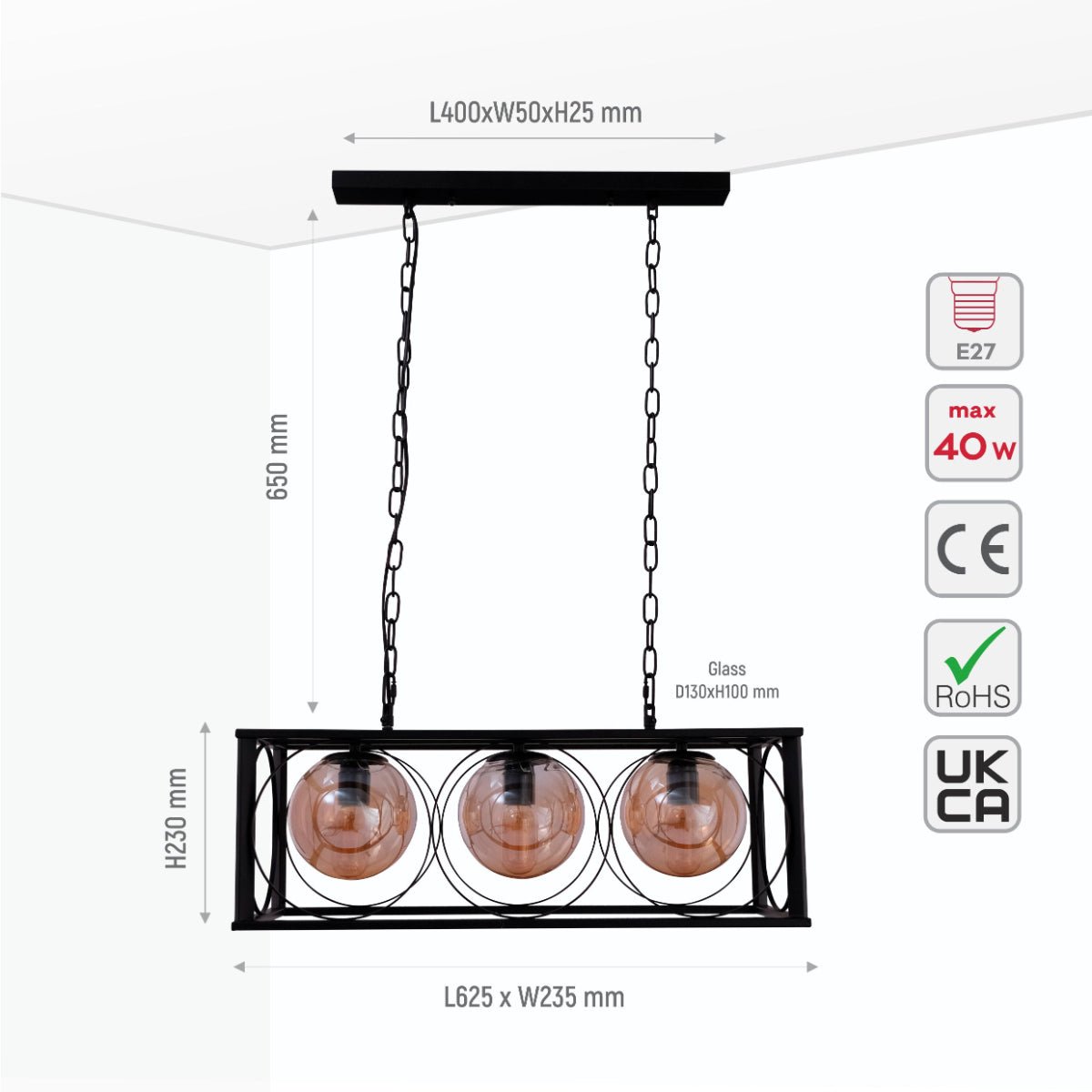 Size and specs of Black Cuboid Metal Amber Globe Glass Island Chandelier Ceiling Light with 3xE27 | TEKLED 150-18080
