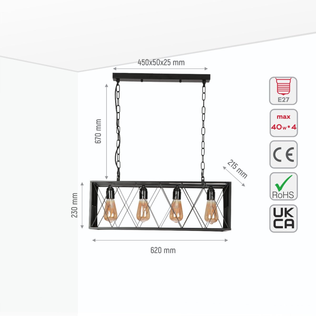 Size and specs of Black Cuboid Metal Kitchen Island Chandelier Ceiling Light with 4xE27 | TEKLED 150-18099
