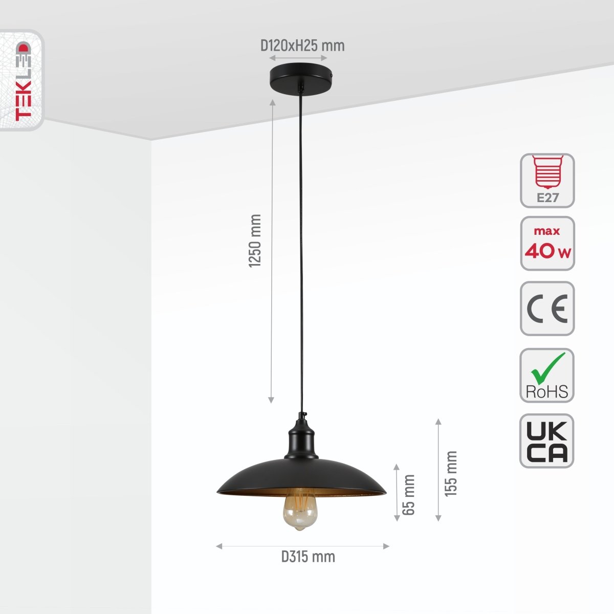 Size and specs of Black Flat Dome Industrial Metal Ceiling Pendant Light with E27 Fitting | TEKLED 150-18354