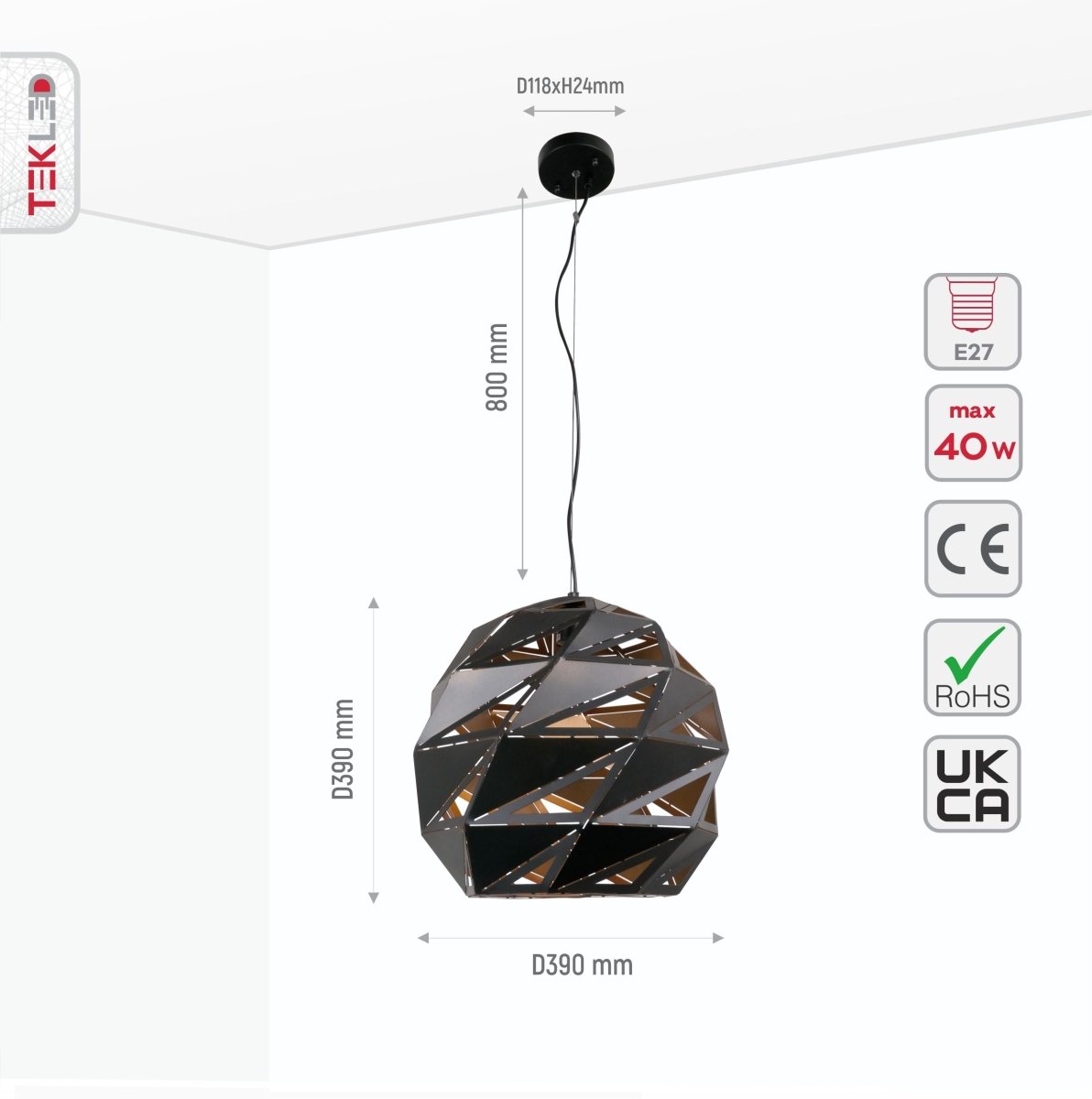 Size and specs of Black Gold Metal Laser Cut Globe Pendant Light X Large with E27 Fitting | TEKLED 150-18268
