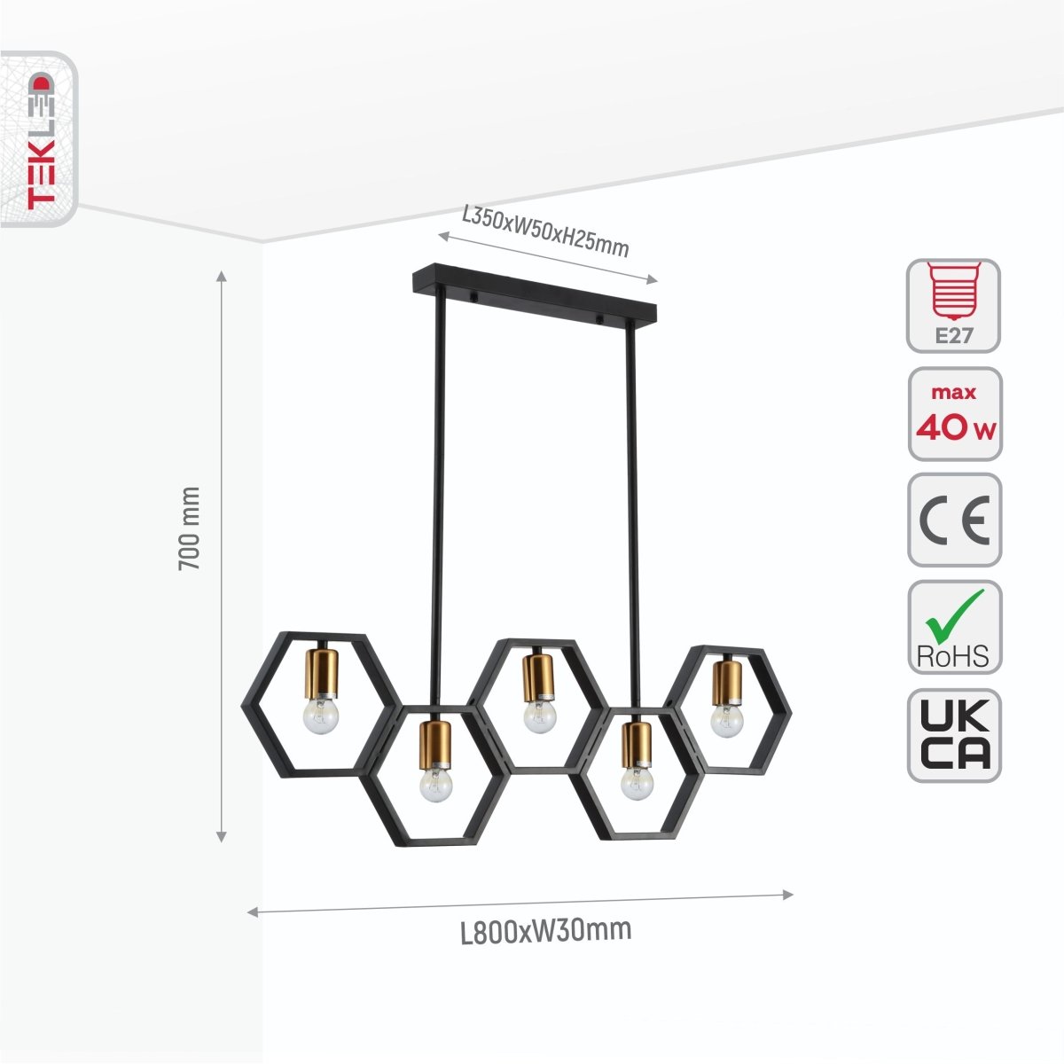 Size and specs of Black Honeycomb Island Chandelier with 5xE27 Fitting | TEKLED 156-19536