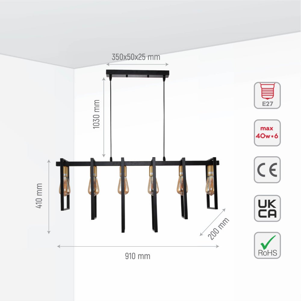Size and specs of Black Metal Body Cage Modern Kitchen island Chandelier Ceiling Light with Gold 6xE27 Fittings | TEKLED 159-17874
