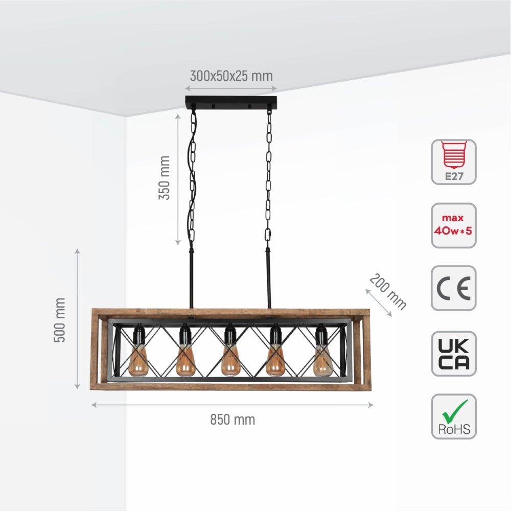 Size and specs of Black Metal Cage Old Wood Cuboid Kitchen Island Chandelier Ceiling Light with 5xE27 | TEKLED 159-17860