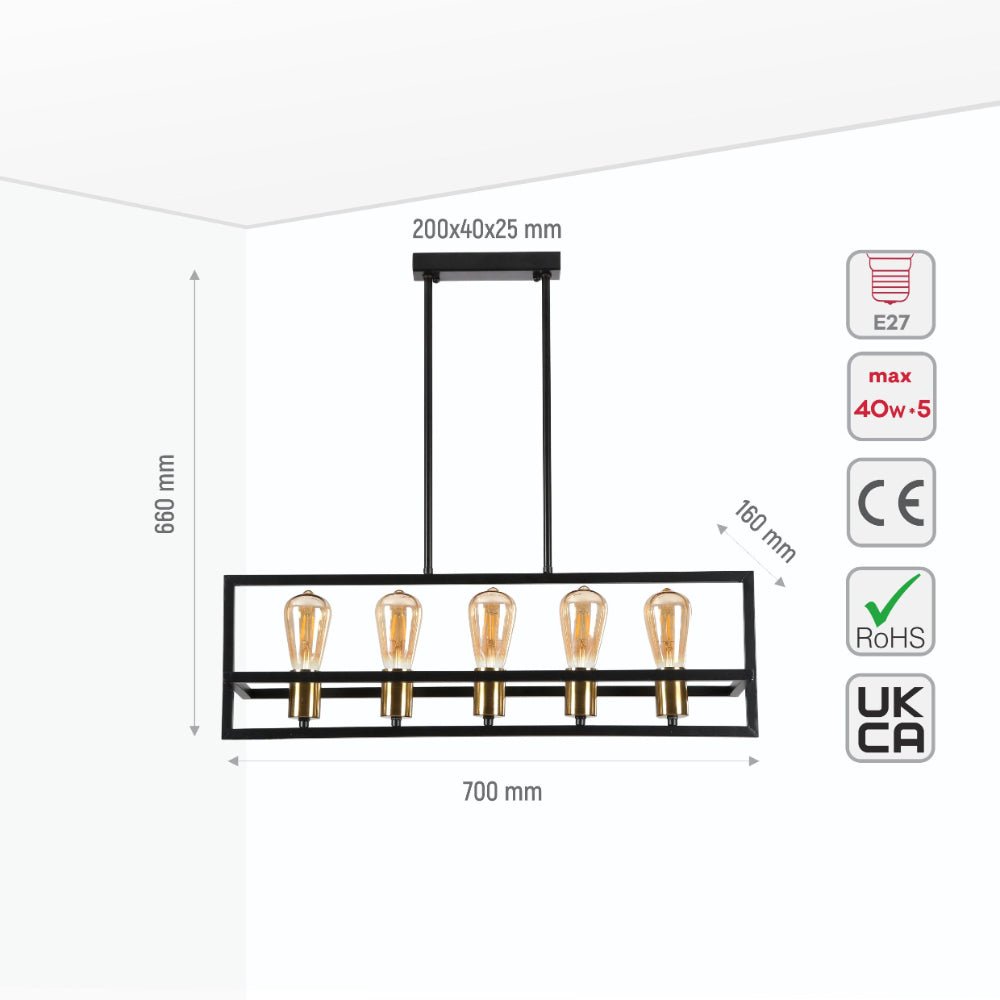 Size and specs of Black Metal Cuboid Kitchen Island Chandelier Ceiling Light with 5xE27 | TEKLED 156-19534