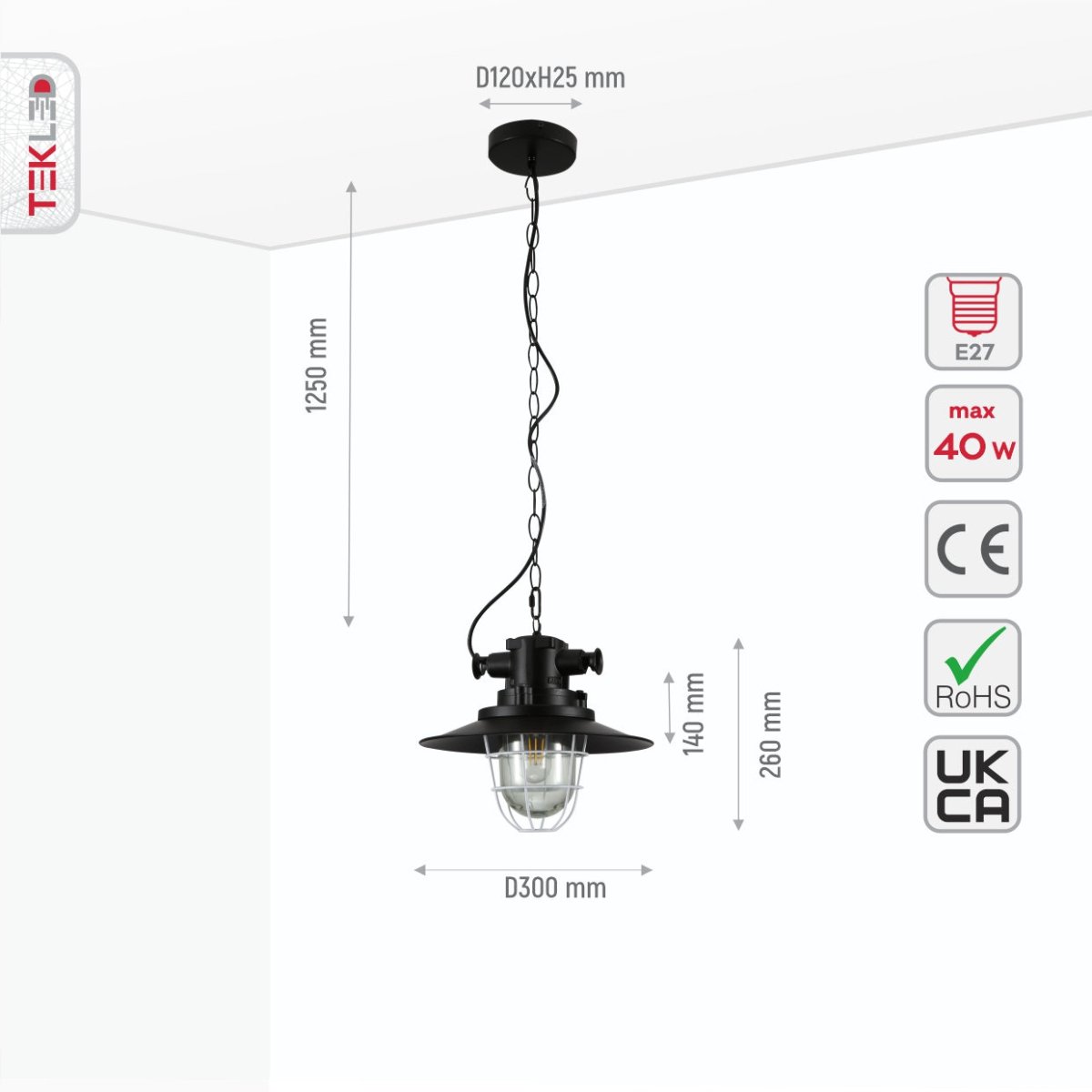 Size and specs of Black Nautical Industrial Caged Flat Shade Glass Metal Ceiling Pendant Light with E27 Fitting | TEKLED 150-18366