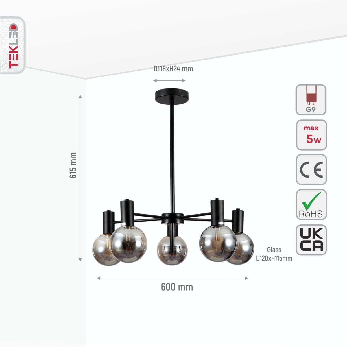 Size and specs of Black and Smoky Chandelier with 5xG9 Fitting | TEKLED 158-19618