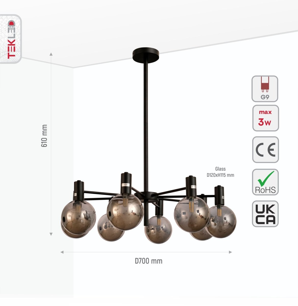 Size and specs of Black and Smoky Chandelier with 8xG9 Fitting | TEKLED 158-19620