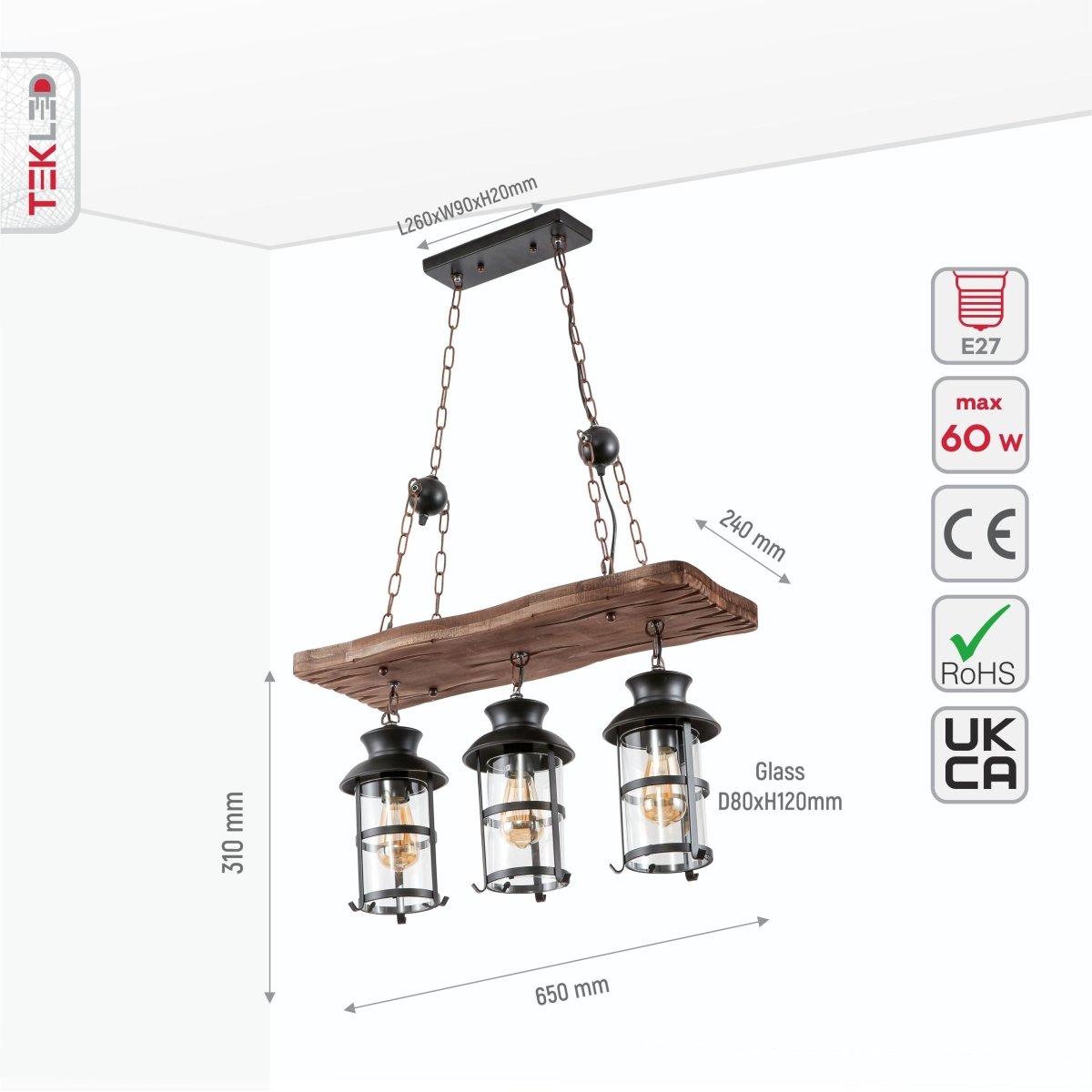 Size and specs of Board Iron and Wood Glass Cylinder Shade Island Chandelier Light 3xE27 | TEKLED 159-17840