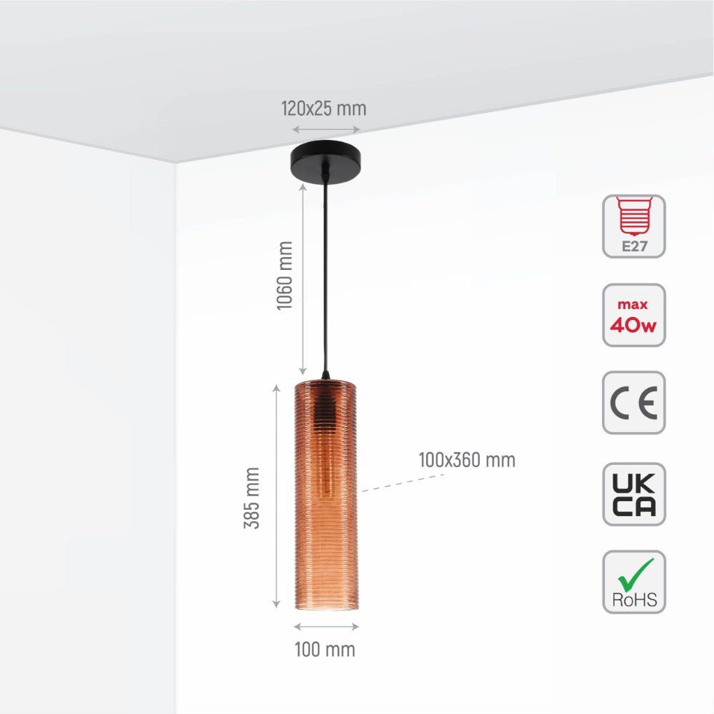 Size and specs of Brown Reeded Cylinder Glass Pendant Light with E27 Fitting | TEKLED 158-19738