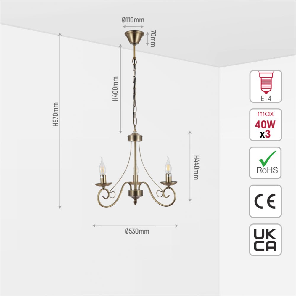 Size and specs of Candle Vintage Antique Brass French Chandelier Ceiling Light 3xE14 | TEKLED 152-17618