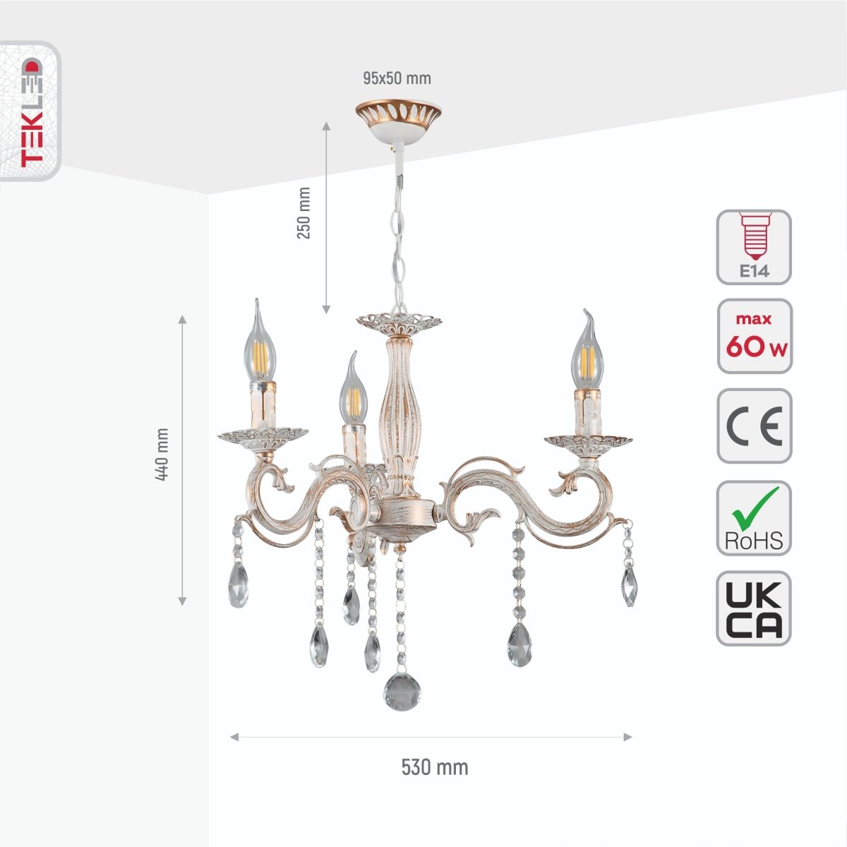 Size and specs of Candle Waterfall Traditional Retro Vintage 3 Arm Chandelier Ceiling Light Crystal Gold Aged Cream 3xE14 | TEKLED 159-17822