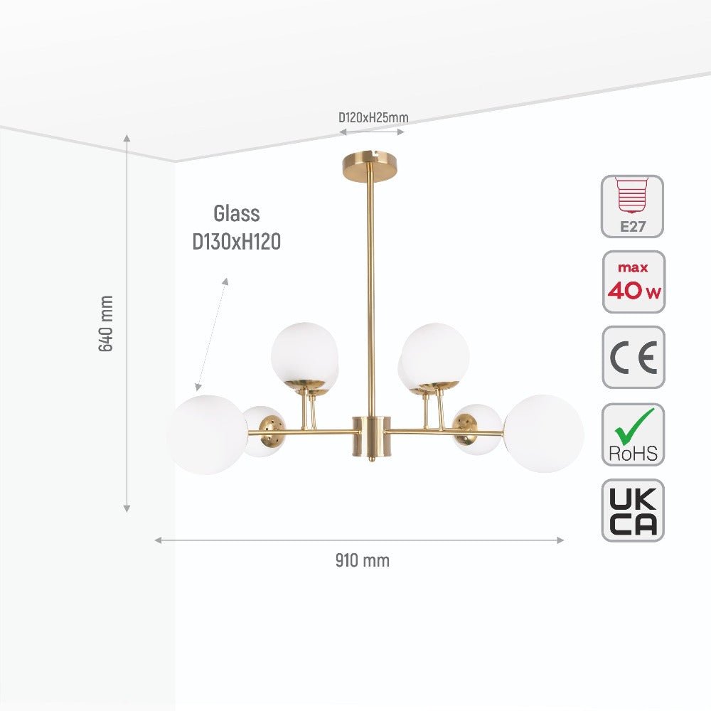Size and specs of Chandelier Stilnovo Opal Glass Gold Body with 8xE27 Fitting | TEKLED 159-17326