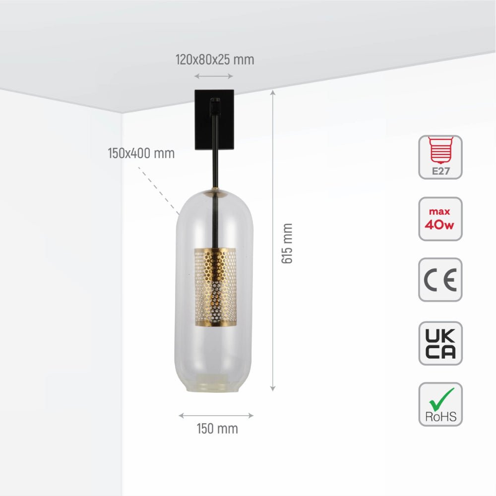 Size and specs of Clear Cylinder Glass Gold Cage Black Body Wall Light with E27 Fitting  | TEKLED 151-19735