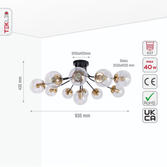 Size and specs of Clear Globe Glass Black Metal Semi Flush Ceiling Light with 11xE27 Fittings | TEKLED 159-17418