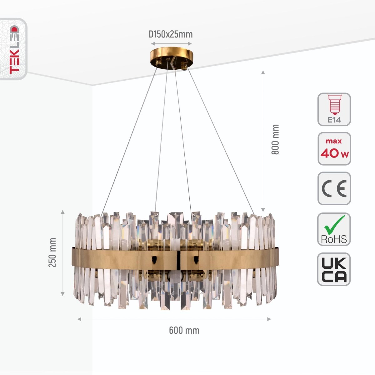 Size and specs of Coffin Crystal Gold Metal Chandelier D600 with 16xE14 Fitting | TEKLED 156-19558