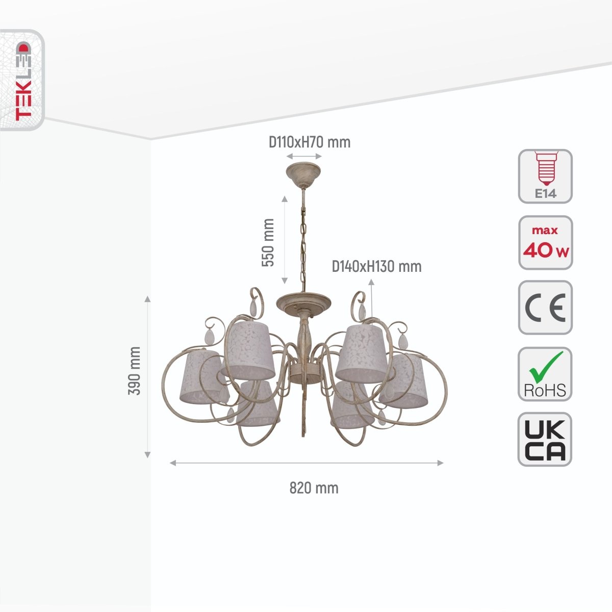 Size and specs of Creamy White Shade Rice White Gold Brushed 6 Arm Chandelier with 6xE14 Fitting | TEKLED 158-17822