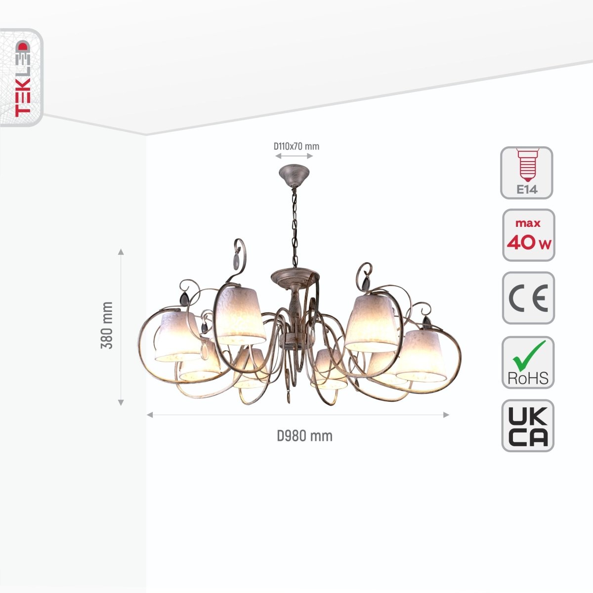 Size and specs of Creamy White Shade Rice White Gold Brushed 8 Arm Chandelier with 8xE14 Fitting | TEKLED 158-17824