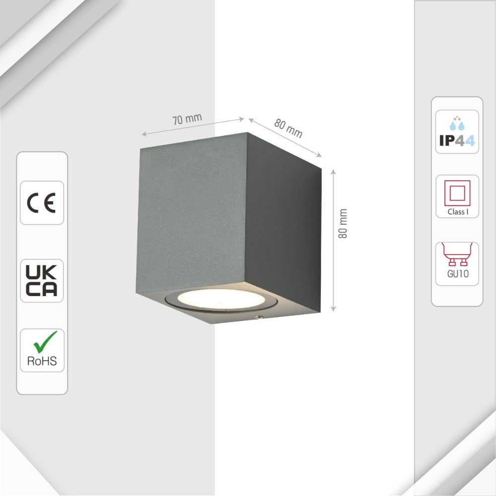 Size and specs of Cubioid Wall Lamp IP44 Grey with GU10 Fitting | TEKLED 182-03351