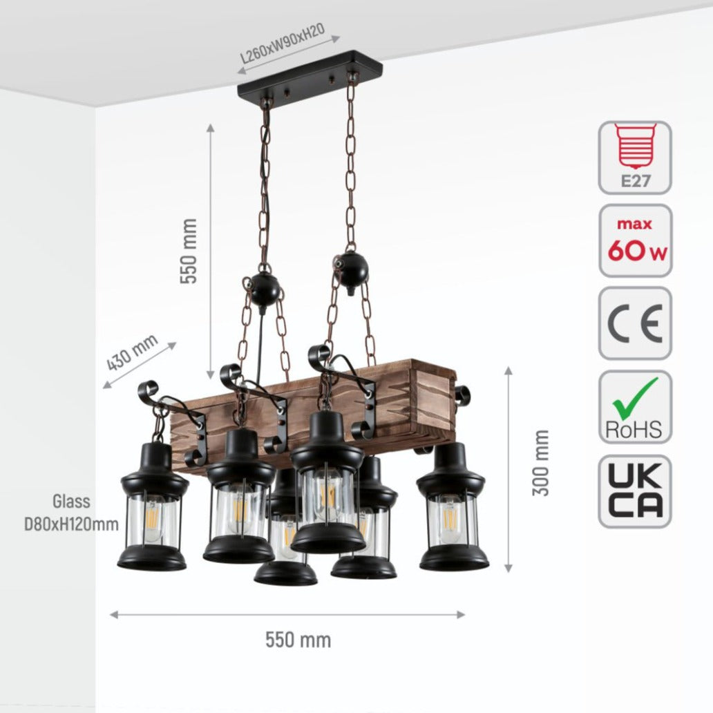 Size and specs of Cuboid Iron and Wood Glass Cylinder Shaded Rustic Farmhouse Nautical Island Chandelier 6xE27 | TEKLED 159-17846