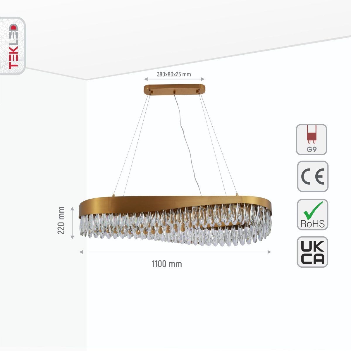 Size and specs of Faceted Long Pear Crystal Gold Metal Island Chandelier L1100 with 12xG9 Fitting | TEKLED 156-19574
