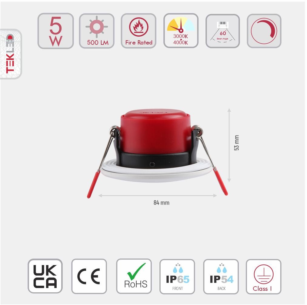 Size and specs of Fire Rated Waterproof IP65 Dimmable CCT Change 500 Lm Downlight White | TEKLED 143-03750