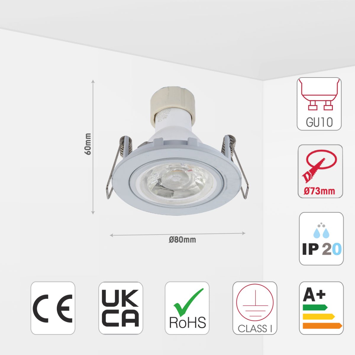 Size and specs of Fixed Diecast Aluminium Downlight White IP20 with GU10 Fitting | TEKLED 143-03724