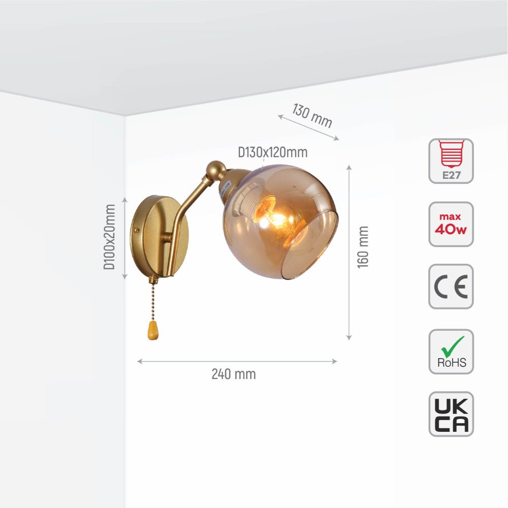 Size and specs of Gold Hinged Metal Amber Dome Glass Wall Light E27 Pull Down Switch | TEKLED 151-19776