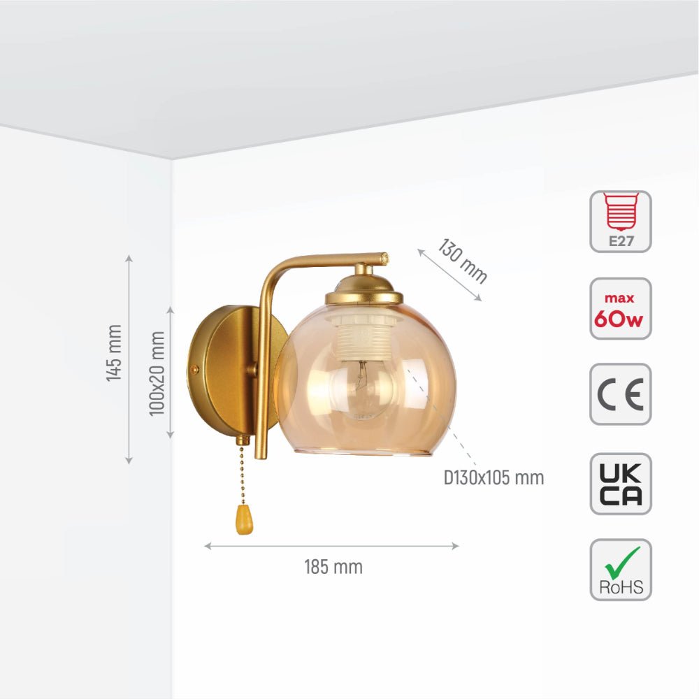 Size and specs of Gold L shape Metal Amber Dome Glass Wall Light E27 with Pull Down Switch | TEKLED 151-19768