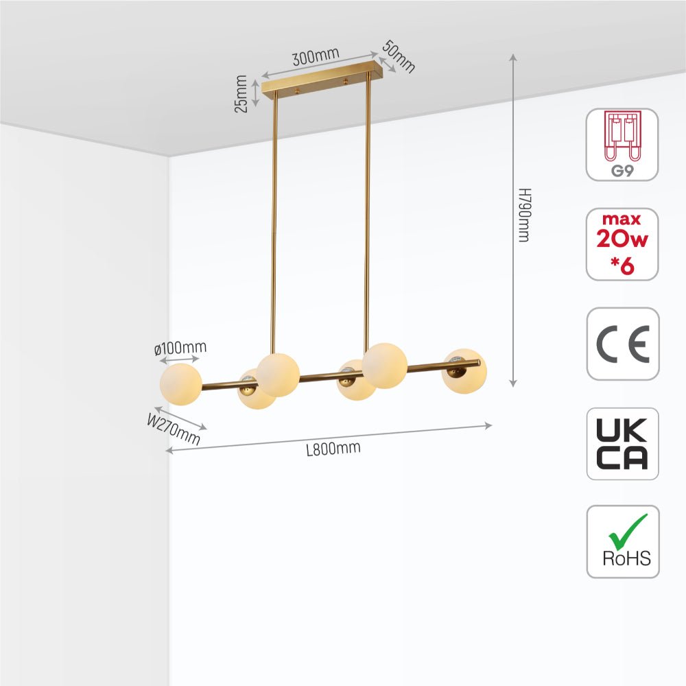 Size and specs of Gold Metal Body Opal Glass Globes Kitchen Island Chandelier Ceiling Light with 6xG9 Fittings | TEKLED 158-19716