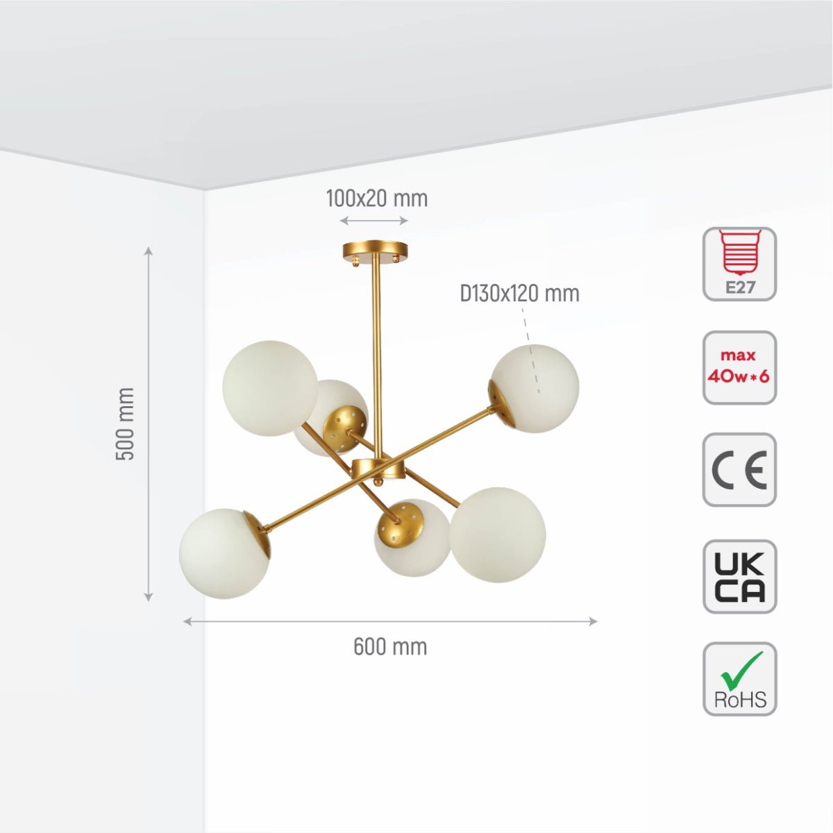 Size and specs of Gold Sputnik Metal Opal Globe Glass Modern Ceiling Light with E27 Fittings | TEKLED 159-17656