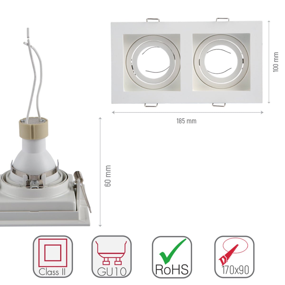 Size and specs of Grille Recessed Tilt Downlight White with 2xGU10 Fitting | TEKLED 165-03874