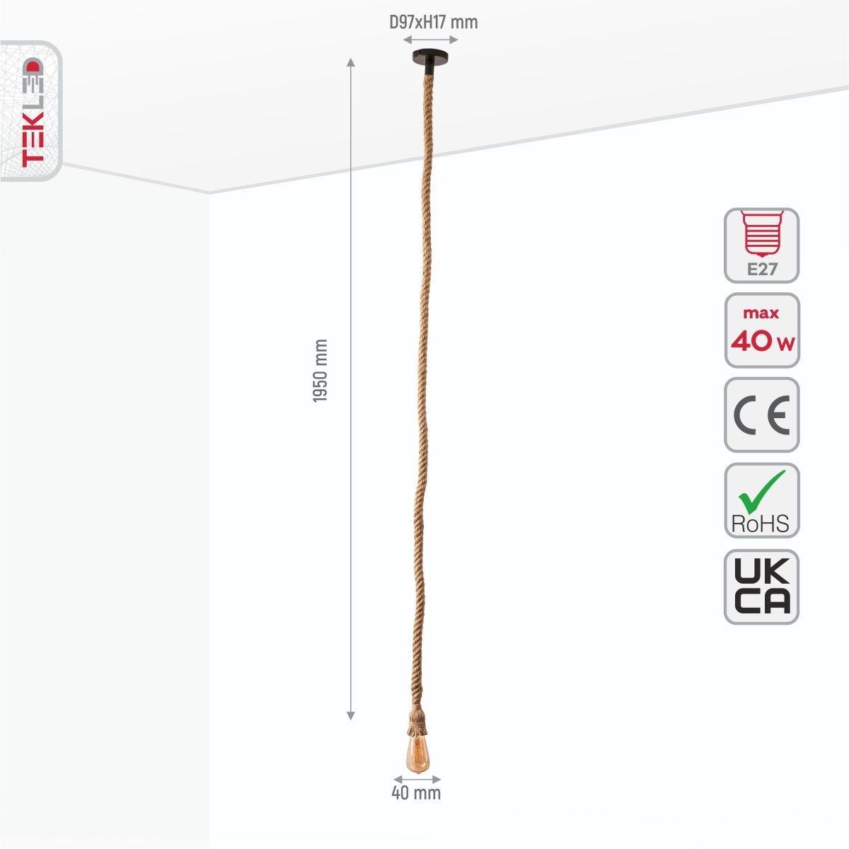 Size and specs of Hemp Rope Pendant Light with E27 Fitting 200cm | TEKLED 150-18400