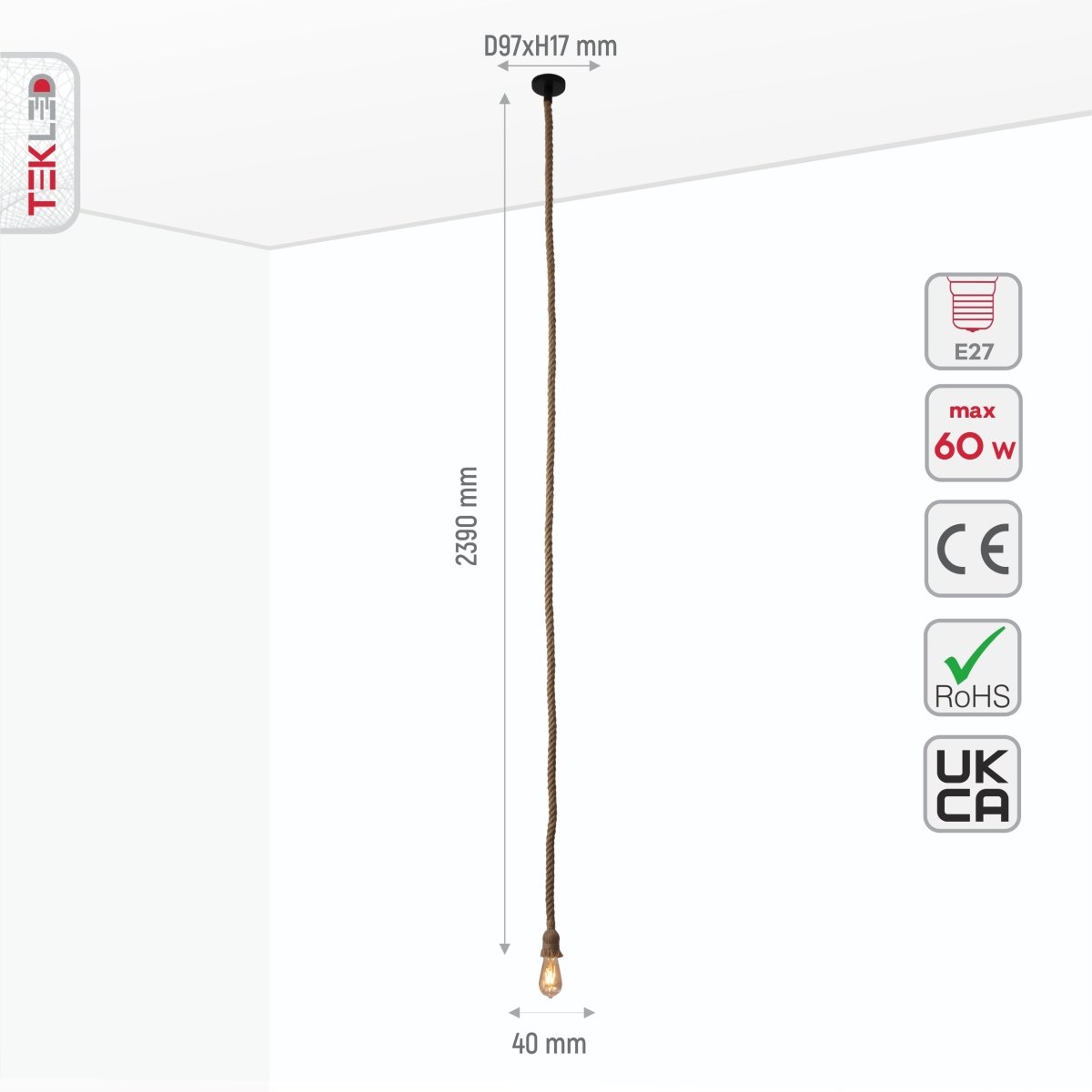 Size and specs of Hemp Rope Pendant Light with E27 Fitting 250cm | TEKLED 150-18402