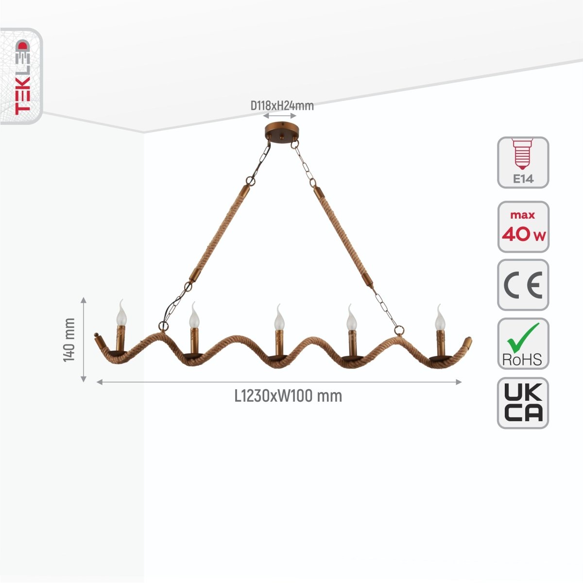 Size and specs of Hemp Rope Spiral Island Chandelier with 5xE14 Fitting | TEKLED 158-17592