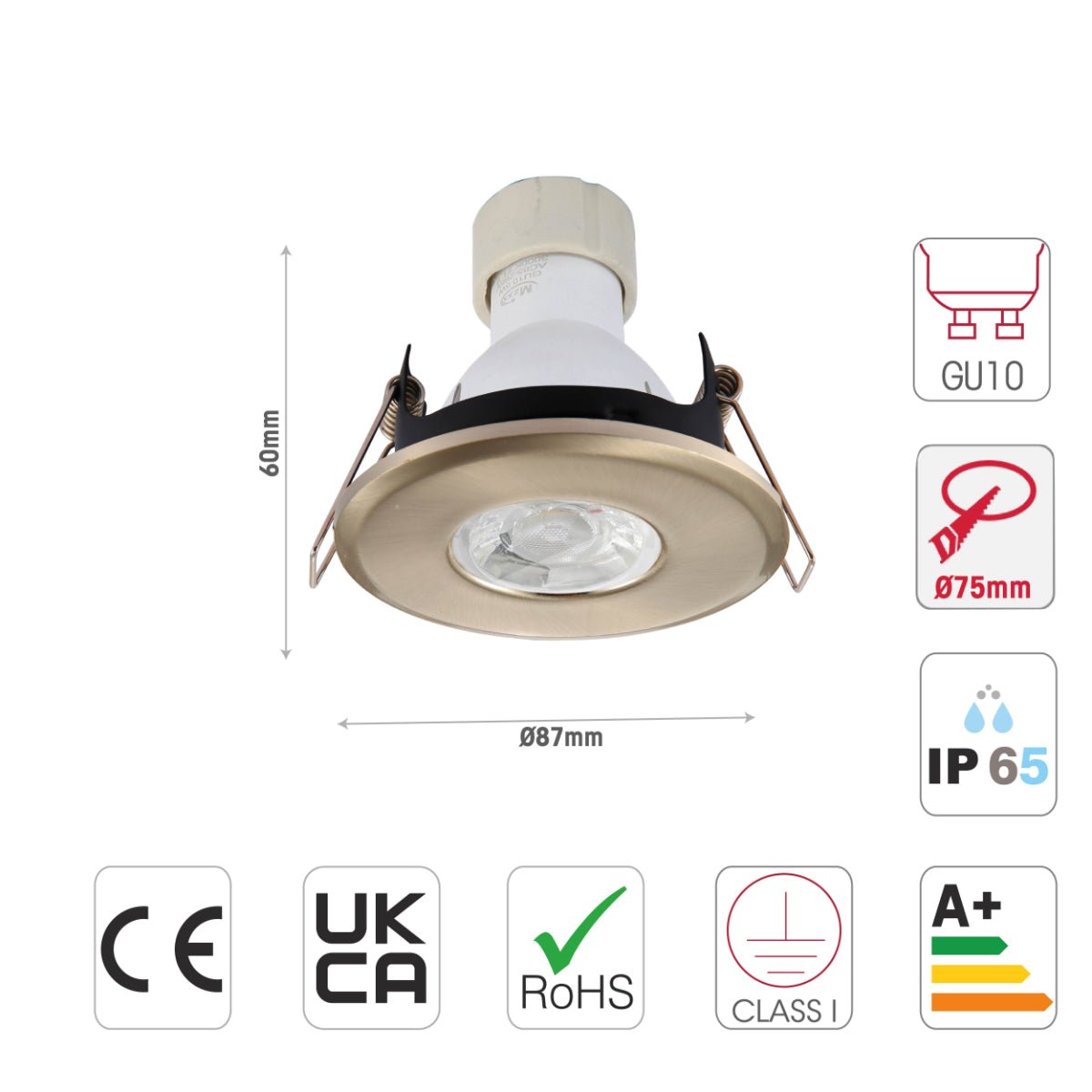 Size and specs of IP65 Fixed Diecasting Downlight With GU10 Terminal Bracket And Junction Box Chrome | TEKLED 143-03732