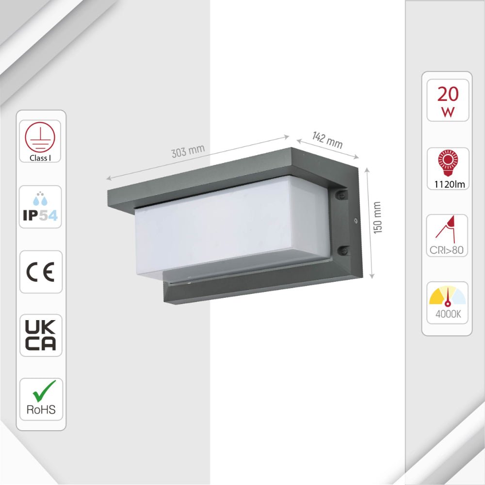 Size and specs of LED Diecast Aluminium Cubioid Hood Wall Lamp 20W Cool White 4000K IP54 Anthracite Grey | TEKLED 182-03358