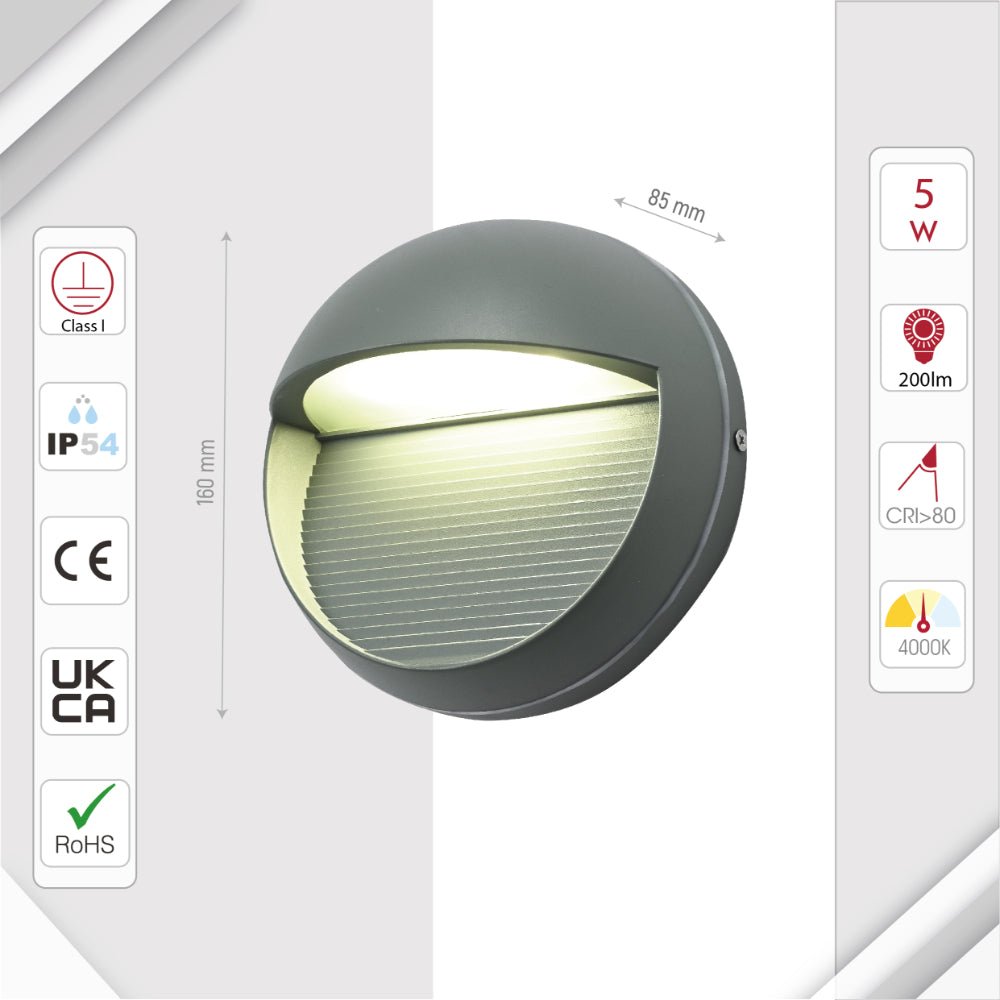 Size and specs of LED Diecast Aluminium Round Stair and Wall Light 5W Cool White 4000K IP54 Grey | TEKLED 182-03347