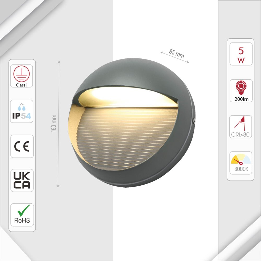 Size and specs of LED Diecast Aluminium Round Stair and Wall Light 5W Warm White 3000K IP54 Grey | TEKLED 182-03346