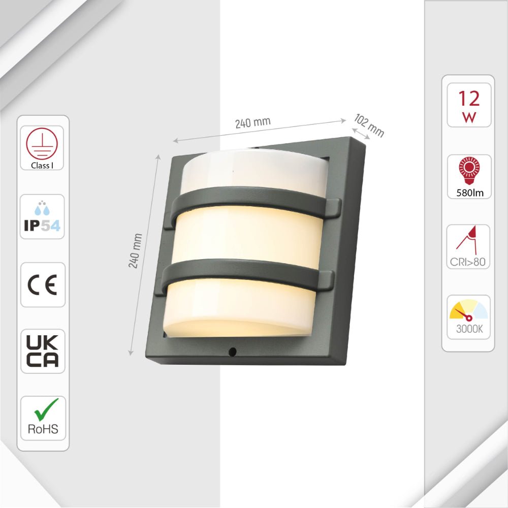 Size and specs of LED Diecast Aluminium Stripped Wall Lamp 12W Warm White 3000K IP54 Black | TEKLED 182-03365