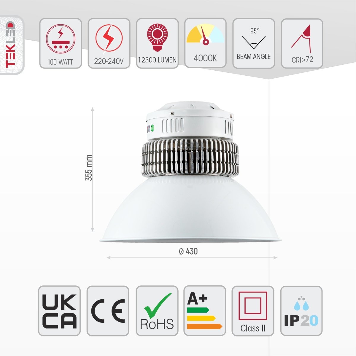 Size and specs of LED Radiator Highbay 100W Cool White 4000K IP20 | TEKLED 230-03540