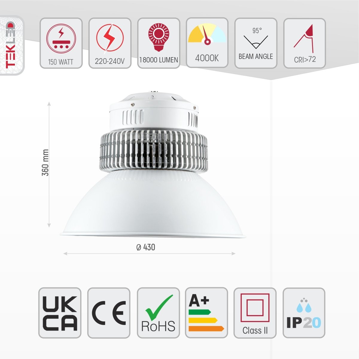 Size and specs of LED Radiator Highbay 150W Cool White 4000K IP20 | TEKLED 230-03562