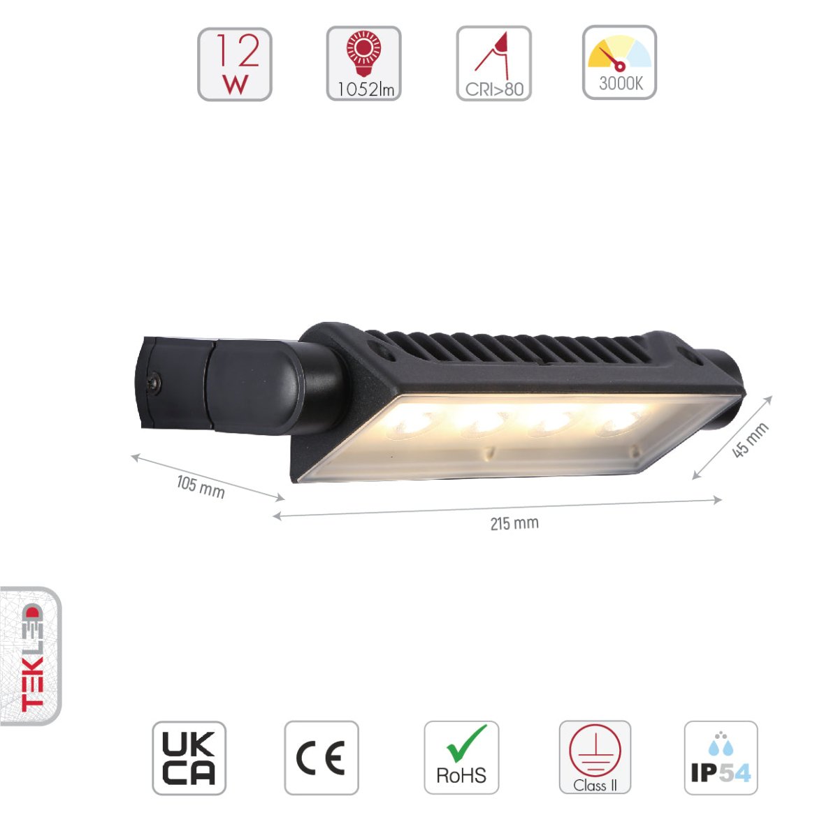 Size and specs of LED Wallwasher Wall Light 12W Warm White 3000K IP54 Black | TEKLED 182-03276