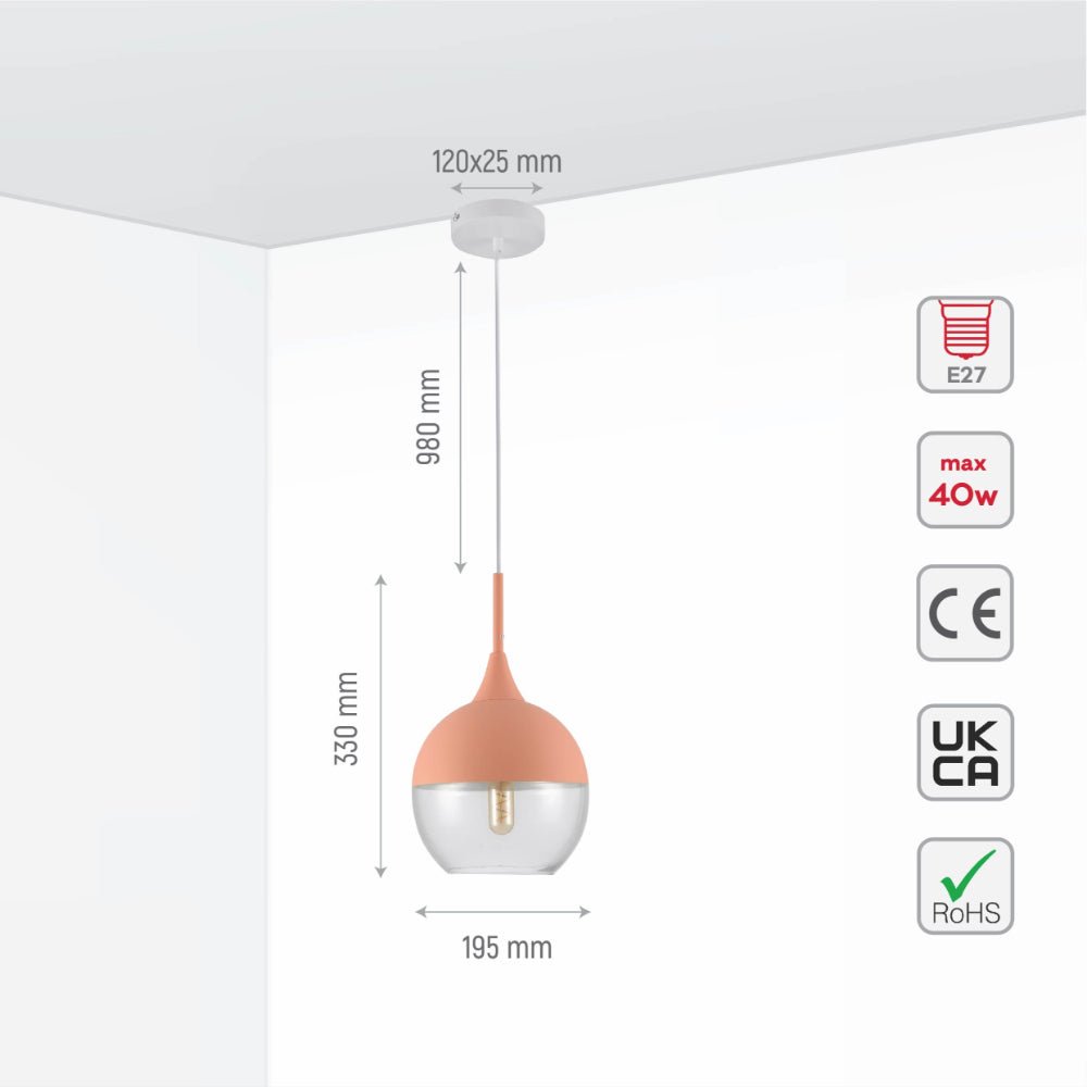 Size and specs of Macaron Salmon Pink Dome Glass Pendant Ceiling Light with E27 Fitting | TEKLED 158-19726