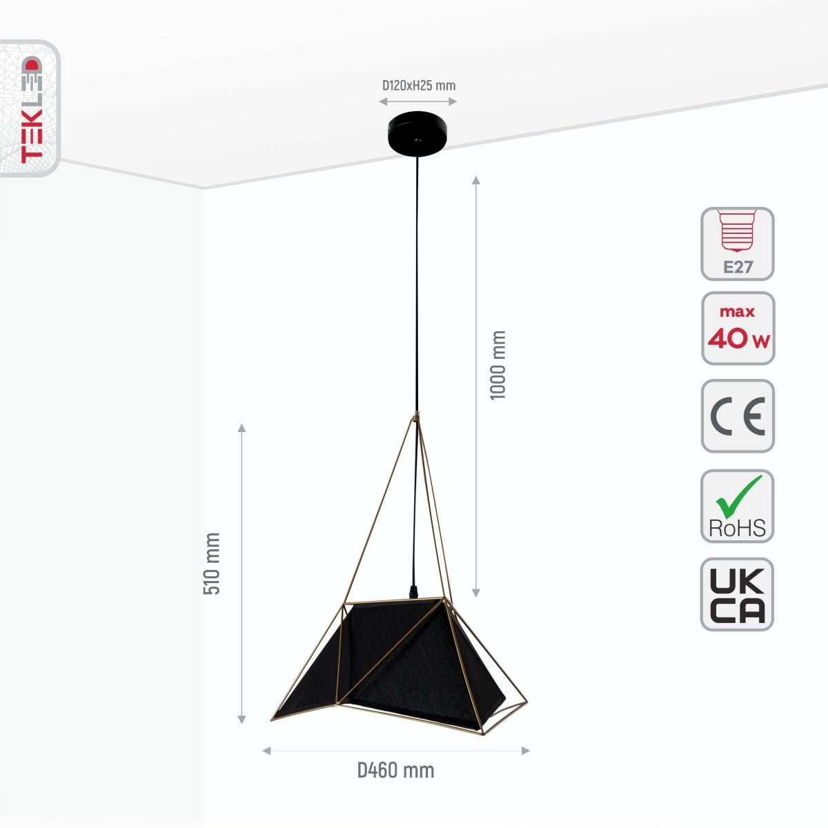 Size and specs of Murcielago Black Metal Pendant Light with E27 Fitting | TEKLED 159-17378