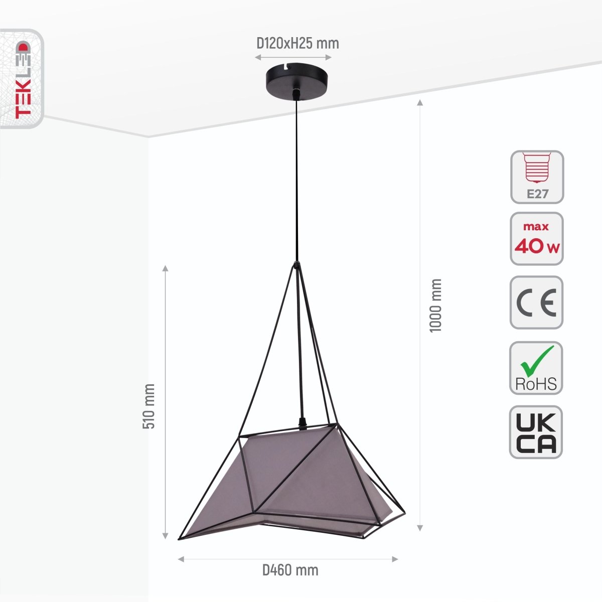 Size and specs of Murcielago Grey Metal Pendant Light with E27 Fitting | TEKLED 159-17380