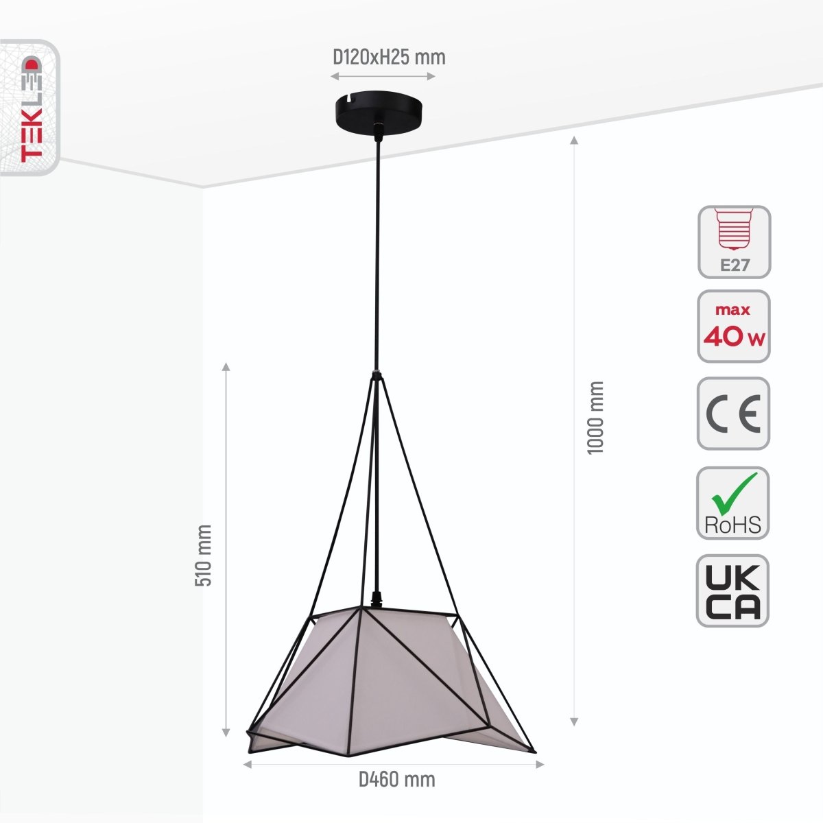 Size and specs of Murcielago White Metal Pendant Light with E27 Fitting | TEKLED 159-17382